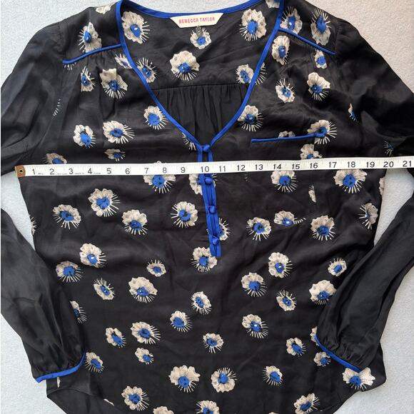 Rebecca Taylor blouse Women's 2 Black Cobalt Starflower Floral Silk Boho Peasant - Picture 4 of 8
